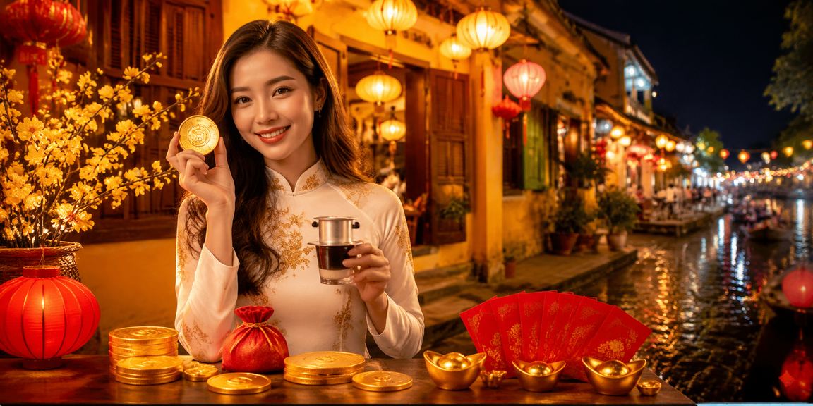 Người dùng tại Hội An nạp tiền và kiểm tra ưu đãi trong quán cà phê trước khi chơi xổ số